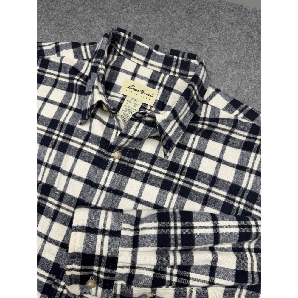 Vintage Eddie Bauer Flannel Shirt Mens XL Blue White Plaid Long Sleeve Heavy Y2K